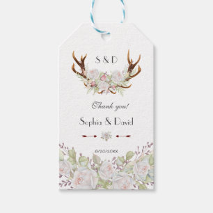 Étiquettes-cadeau Elégant Fleurs blanches Antlers Monogram Mariage