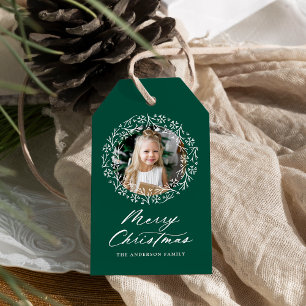 Étiquettes-cadeau Élégant Flocon de neige Wreath Green Holiday Photo