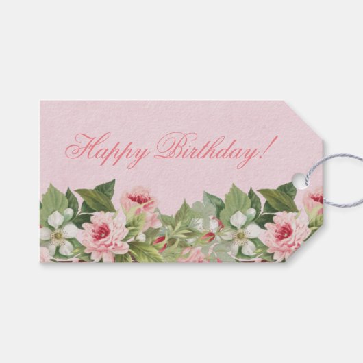 Étiquettes-cadeau Elégant floral Happy Birthday tag cadeau avec fleu (Devant (Horizontal))
