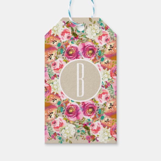 Étiquettes-cadeau Elégant Floral Rustique Kraft Monogramme Mariage F (Devant)