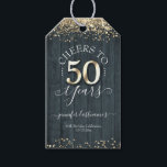 Étiquettes-cadeau Élégant Gold 50th Birthday Script<br><div class="desc">Jolie parties scintillant en faux or,  faits saillants sur la bordure supérieure et inférieure. Tout le texte est ajustable et facile à changer pour vos besoins de partie. Grand élégant design modèle 50e anniversaire. arrière - plan texturé en bois bleu.</div>