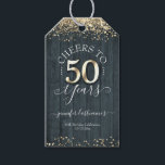 Étiquettes-cadeau Élégant Gold 50th Birthday Script<br><div class="desc">Jolie parties scintillant en faux or,  faits saillants sur la bordure supérieure et inférieure. Tout le texte est ajustable et facile à changer pour vos besoins de partie. Grand élégant design modèle 50e anniversaire. arrière - plan texturé en bois bleu.</div>