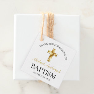 Étiquettes Cadeau Elegant Gold Cross Baby Boy Baptism Merci Favo