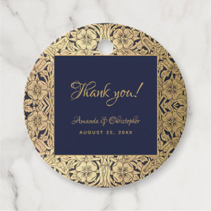 Étiquettes Cadeau Elégant Gold Navy Blue Vintage Wedding Round