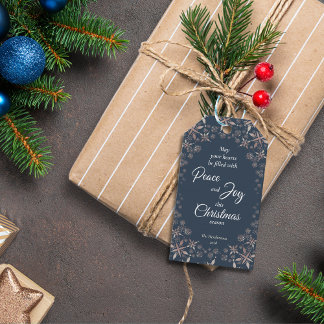 Étiquettes-cadeau Elégant Gold Snowflakes Peace Joy Blue