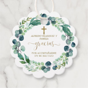 Étiquettes Cadeau Elégant Gracias Script Verdure Gold Cross Bautizo