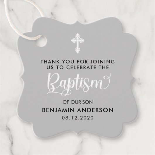 Étiquettes Cadeau Élégant Grey Boy Baptism Merci (Devant)