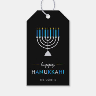 Étiquettes-cadeau Elégant Happy Hanoukka Black avec Menorah Argent