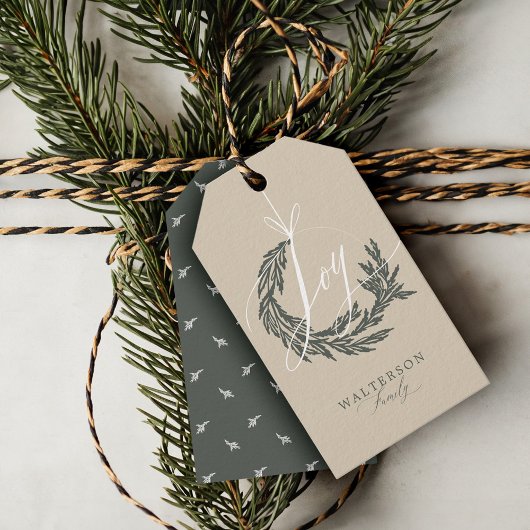 Étiquettes-cadeau Elegant Joy Calligraphy Garland Wreath Nom de fami