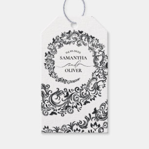 Étiquettes-cadeau Elégant Mariage damassé noir et blanc