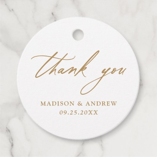 Étiquettes Cadeau Élégant Mariage de calligraphie or Merci (Devant)