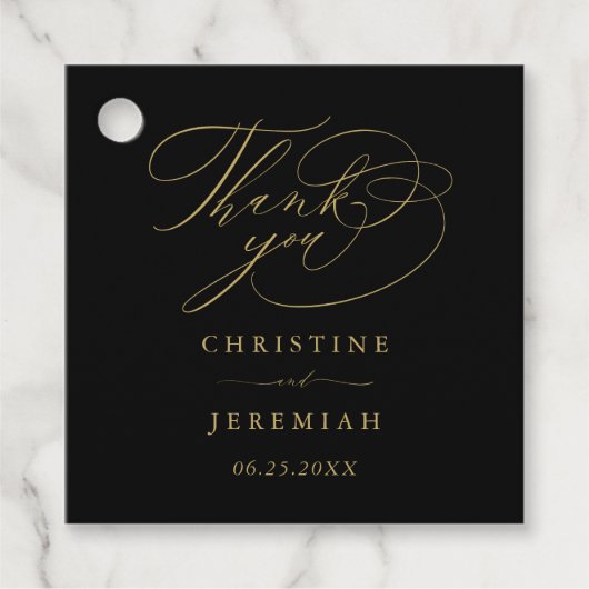 Étiquettes Cadeau Élégant Mariage de Merci de script Black Gold (Devant)