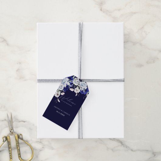 Étiquettes-cadeau Elégant Mariage floral Dusty Blue Navy (Avec de la ficelle)
