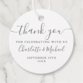 Étiquettes Cadeau Élégant Merci De Script Gris Et Mariage Blanc (Devant)