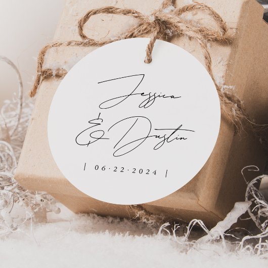 Étiquettes Cadeau Élégant minimaliste Noms Date Black Script Mariage