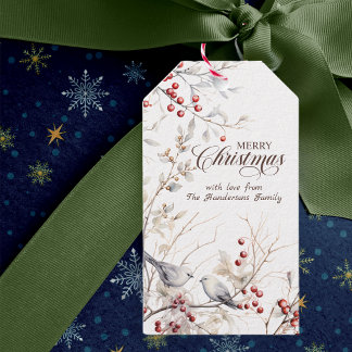 Étiquettes-cadeau Élégant Noël Berries rouges Oiseaux