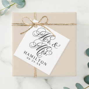 Étiquettes Cadeau Élégant noir M et Mme Script Monogramme personnali