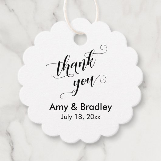 Étiquettes Cadeau Élégant, noir sur Merci Mariage blanc (Devant)