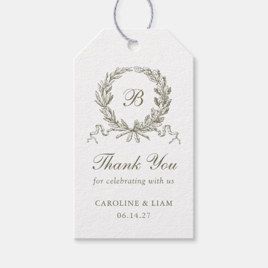 Étiquettes-cadeau Élégant Olive Chêne Crest Mariage Monogramme (Devant)