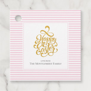 Étiquettes Cadeau Elégant or heureux Pâques rose rayé Tags cadeaux
