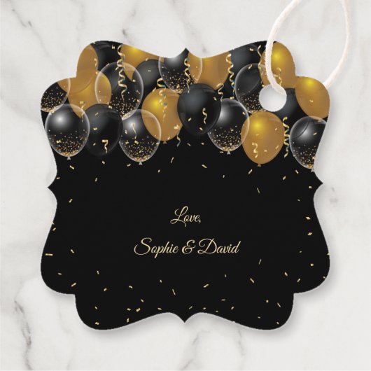 Étiquettes Cadeau Élégant or noir Balloons Confetti Mariage (Dos)