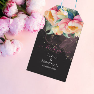 Étiquettes-cadeau Elégant Peony aquarelle sur noir | MARIAGE