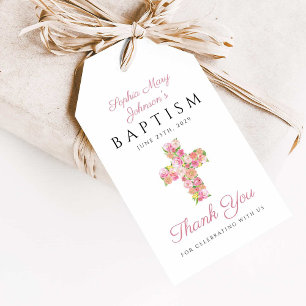 Étiquettes-cadeau Élégant Pink Floral Cross Baptême Religieux