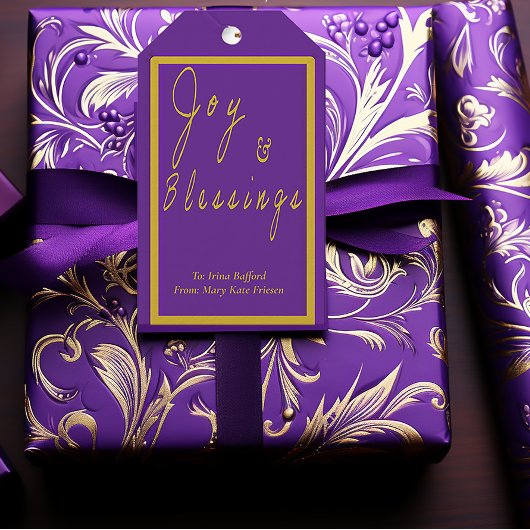 Étiquettes-cadeau Elégant Purple & Gold 'Joy & Blessures'