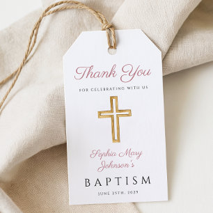 Étiquettes-cadeau Elegant Religious Cross Girl Pink Baptism