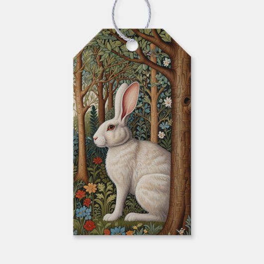 Étiquettes-cadeau Elégant retro boho blanc lapin boisé fleurs (Devant)