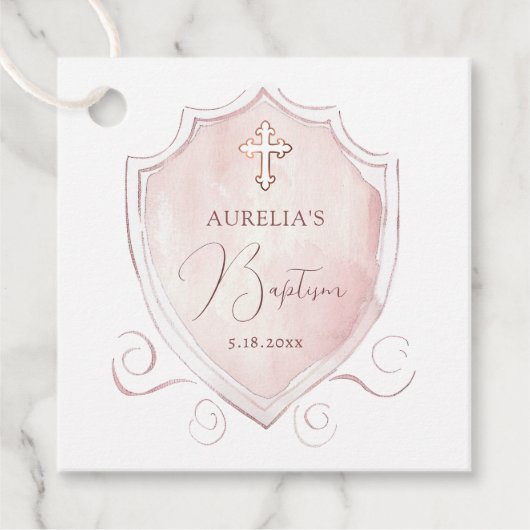 Étiquettes Cadeau Élégant rose Aquarelle Crest Baptême (Devant)