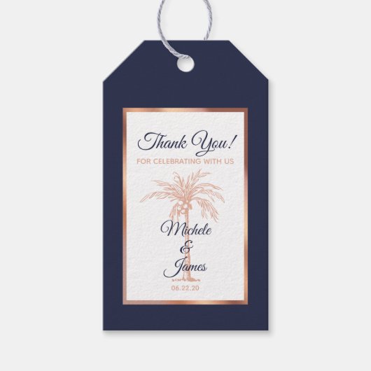 Étiquettes-cadeau Elégant Rose bleu marine Gold Palm Tree Mariage (Devant)