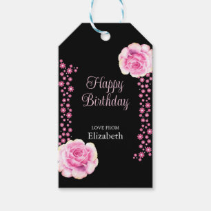 Étiquettes-cadeau Élégant rose rose florale noir Joyeux anniversaire