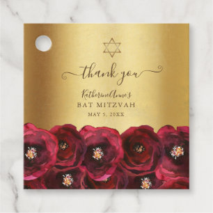 Étiquettes Cadeau Élégant Rose Rouge Floral Or Bat Mitzvah Merci