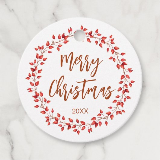Étiquettes Cadeau Elégant Rosehips Aquarelle Joyeux Noël. Arrondie (Devant)