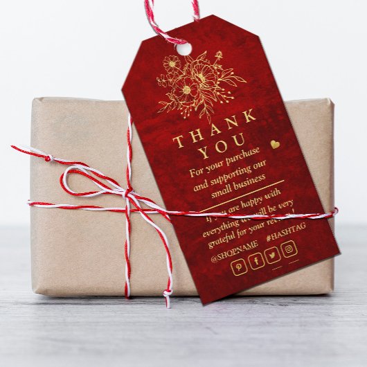 Étiquettes-cadeau Elégant rouge or Scratch floral merci