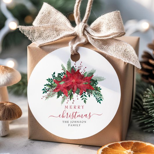 Étiquettes Cadeau Élégant Rouge Poinsettia Floral Script Noël