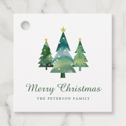 Étiquettes Cadeau Élégant Script Aquarelle Arbres de Noël (Devant)