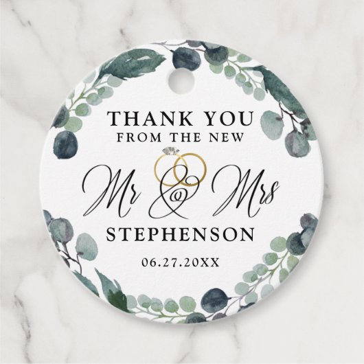 Étiquettes Cadeau Élégant script Eucalyptus Mariage Merci (Devant)