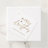 Étiquettes Cadeau Élégant Script Joyeux Noël Gold Star Blanc (En situation)
