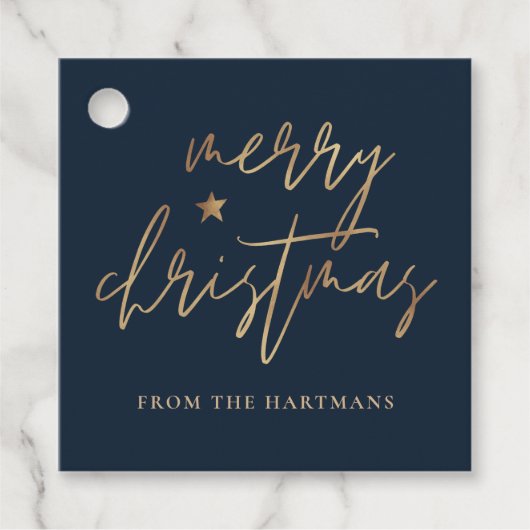 Étiquettes Cadeau Élégant Script Joyeux Noël Gold Star Marine Bleu (Devant)