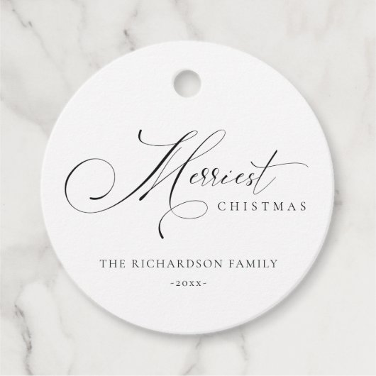 Étiquettes Cadeau Élégant Script minimal Merriest Noël Salutation (Devant)