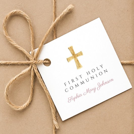 Étiquettes Cadeau Élégant script rose Croix première communion