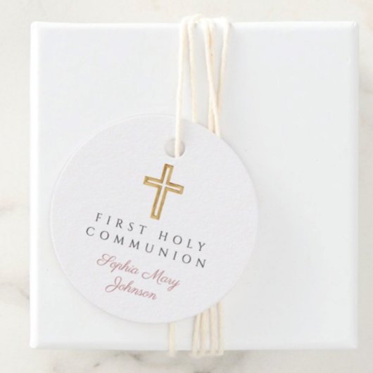Étiquettes Cadeau Élégant Script rose Première communion ronde