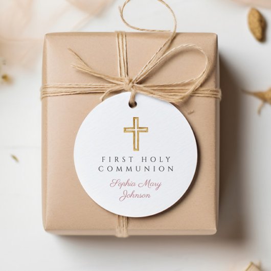 Étiquettes Cadeau Élégant Script rose Première communion ronde