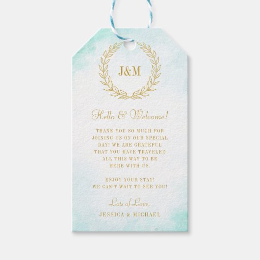 Étiquettes-cadeau Elégant simple Monogramme Turquoise Mariage Accuei (Devant)