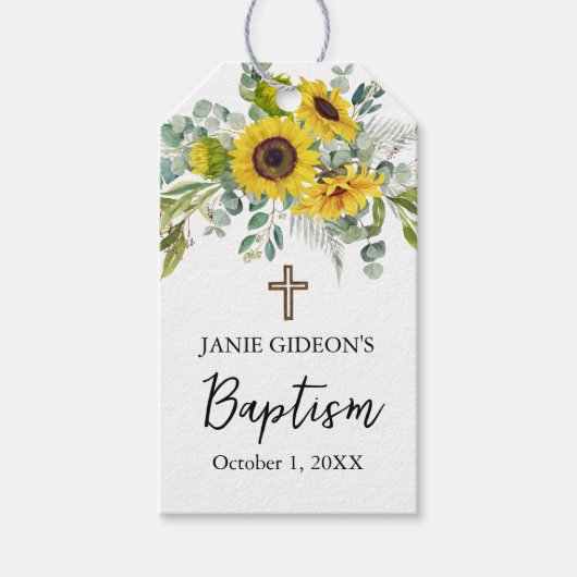 Étiquettes-cadeau Elegant Sunflower & Eucalyptus Boho Cross Baptism (Devant)