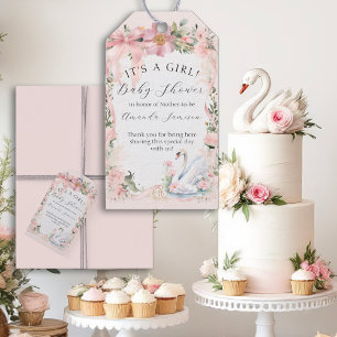 Étiquettes-cadeau Elégant Swans rose Ruban Floral Baby Girl Douche