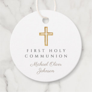 Étiquettes Cadeau Elégant Taupe Cross Boy First Communion Round