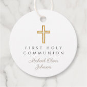 Étiquettes Cadeau Elégant Taupe Cross Boy First Communion Round (Devant)
